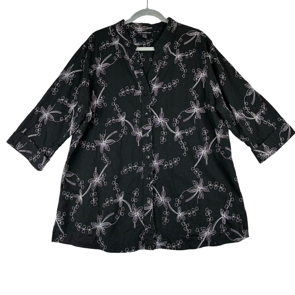 Club Z 1/2 Sleeve Linen Blend Black Floral Button Up Women's 1X Plus Artsy READ